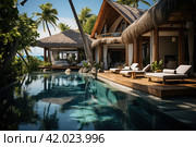 Modern Luxury Villa with Pool. Luxury beach resort, bungalow near endless pool over sea sunset, evening on tropical island, summer vacation concept. Стоковое AI-изображение, AI-художник Ирина Михайличенко / Фотобанк Лори
