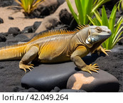 land iguana (Conolophus subcristatus) endemic to Galapagos islands. Lizards (Conolophus) in tropical animal world. Observation of wildlife area. Holiday adventure in Ecuador. Стоковое AI-изображение, AI-художник Aleksandr Golubev / Фотобанк Лори