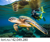 Green sea Turtle (Testudines) mammal swimming in tropical underwaters. Turtles in underwater wild animal world. Observation of wildlife ocean. Scuba diving adventure in Ecuador coast. Стоковое AI-изображение, AI-художник Aleksandr Golubev / Фотобанк Лори
