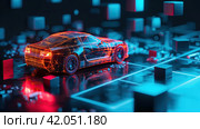A model of a car assembled from glowing lines. Стоковое AI-изображение, AI-художник Кирилл Черезов / Фотобанк Лори