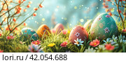 the frontispiece of an easter table with some decorated eggs. Стоковое AI-изображение, AI-художник Юлия Гапеенко / Фотобанк Лори