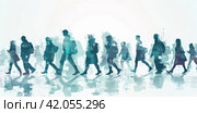 A banner with silhouettes of business people with a double exposure hurrying from left to right on business against a homogeneous background is a concept of the business world. Стоковое AI-изображение, AI-художник Ярославский Максим / Фотобанк Лори