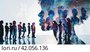 Illustration of a double-exposure banner depicting a silhouette of a girl and silhouettes of a group of smaller people on a white background. Стоковое AI-изображение, AI-художник Ярославский Максим / Фотобанк Лори