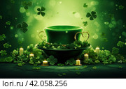 A St. Patrick's Day postcard with leprechaun treasures and a pot of gold coins, a green hat and a shamrock. Стоковое AI-изображение, AI-художник Ярославский Максим / Фотобанк Лори