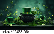 A St. Patrick's Day postcard with leprechaun treasures and a pot of gold coins, a green hat and a shamrock. Стоковое AI-изображение, AI-художник Ярославский Максим / Фотобанк Лори
