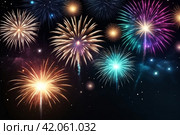 Retro white holiday fireworks background with sparks, colored stars and bright nebula on black night sky. Amazing beauty colorful fireworks display on celebration, showing. Holidays backgrounds. Стоковое AI-изображение, AI-художник Aleksandr Golubev / Фотобанк Лори