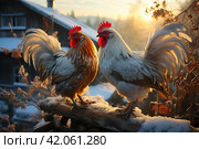 Roosters  in the village in winter,Generative AI. Стоковое AI-изображение, AI-художник Анна Кривицкая / Фотобанк Лори
