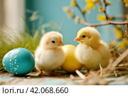 three small yellow chicks are sitting by some colorful easter eggs. Стоковое AI-изображение, AI-художник Юлия Гапеенко / Фотобанк Лори