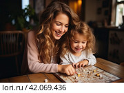 Smiling mother and little daughter playing logic strategy wooden board game at kitchen table together, caring mom teaching adorable kid girl, happy family engaged in educational activity at home. Стоковое AI-изображение, AI-художник Ирина Михайличенко / Фотобанк Лори