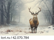 a stag in the snow with a large horn. Стоковое AI-изображение, AI-художник Юлия Гапеенко / Фотобанк Лори