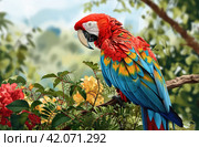 macaw in the wild garden, bold chromaticity. Стоковое AI-изображение, AI-художник Юлия Гапеенко / Фотобанк Лори