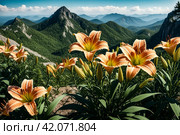 Generative Ai illustration of daylily flowers at mountains backgrounds. Nature wallpaper concept. Cartoon illustration. Copy ad text space. Стоковое AI-изображение, AI-художник Aleksandr Golubev / Фотобанк Лори