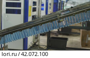 The blue molds are sent along the conveyor to the bottle blowing machine. Plant for the production of drinking and mineral water. Стоковое видео, видеограф Воловодов Владимир / Фотобанк Лори