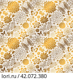 Seamless spring golden gradient diagonal pattern with hearts and flowers and butterflies. Стоковая иллюстрация, иллюстратор Ольга Дроздова / Фотобанк Лори