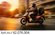A courier on a moped with a cargo box is rushing to deliver goods to recipients on a city street in the early morning. Side view from the left. The concept of delivery in a big city. Стоковое AI-изображение, AI-художник Ярославский Максим / Фотобанк Лори