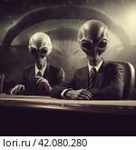 Aliens in suits at the desk,Generative AI. Стоковое AI-изображение, AI-художник Анна Кривицкая / Фотобанк Лори