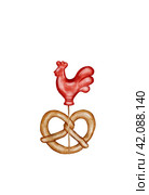 Watercolor drawing of rooster lollipop on a stick and pretzel. Ready-made postcard template on isolated background. Red bright candy like in childhood and a flavorful bun. For printing on postcards and candy store tags. Shrovetide invitation card. Стоковая иллюстрация, иллюстратор Татьяна Трущелева / Фотобанк Лори