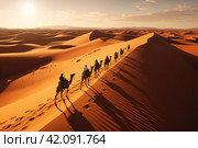 Camel caravan in desert sand dunes. Стоковое AI-изображение, AI-художник Михаил Коханчиков / Фотобанк Лори