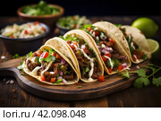 Three mexican pork carnitas tacos composition. Стоковое AI-изображение, AI-художник Ирина Старикова / Фотобанк Лори
