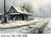Winter gas station, gray tones, snowy landscap. ,Generative AI. Стоковое AI-изображение, AI-художник Анна Кривицкая / Фотобанк Лори