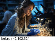 Chemical laboratory scene: attractive young PhD student scientist observing the blue indicator color shift in the glass tube. Стоковое AI-изображение, AI-художник Ирина Михайличенко / Фотобанк Лори