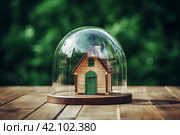 Small wooden house under glass dome. Concept of protection, insurance and safety. AI generated. Стоковое AI-изображение, AI-художник Александра Селина / Фотобанк Лори