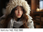Young Asian woman with flu. Blowing her nose into a tissue. Concept of cold or allergy season. Стоковое AI-изображение, AI-художник Ирина Михайличенко / Фотобанк Лори