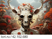White demon with horns and red flowers around,Generative AI. Стоковое AI-изображение, AI-художник Анна Кривицкая / Фотобанк Лори