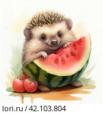 A drawing of a cute hedgehog eating a slice of watermelon,Generative AI. Стоковое AI-изображение, AI-художник Анна Кривицкая / Фотобанк Лори