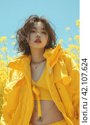 lu fei kang wearing a yellow jacket & shorts. Стоковое AI-изображение, AI-художник Юлия Гапеенко / Фотобанк Лори