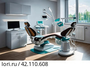Close-up dental equipment in dentist room in new modern stomatological clinic office. Background of interior dental accessories used by dentists in blue, medic color. Copy space, text place. Стоковое AI-изображение, AI-художник Aleksandr Golubev / Фотобанк Лори
