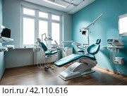 Interior of dental equipment in dentist office in new modern stomatological clinic room. Background of dental chair and accessories used by dentists in blue color. Copy space, text place. Стоковое AI-изображение, AI-художник Aleksandr Golubev / Фотобанк Лори