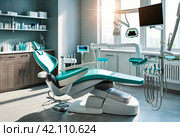 Close-up dental equipment in dentistry room in new modern stomatological clinic office. Background of interior dental accessories used by dentists in blue, medic color. Copy space, text place. Стоковое AI-изображение, AI-художник Aleksandr Golubev / Фотобанк Лори
