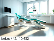 Interior of dental equipment in dentist room in new modern stomatological clinic office. Background of dental chair and accessories used by dentists in blue color. Copy space, text place. Стоковое AI-изображение, AI-художник Aleksandr Golubev / Фотобанк Лори