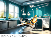 Dental equipment in dentistry room in new modern stomatological clinic office. Background of dental chair and accessories used by dentists in blue color. Copy space, text place. Стоковое AI-изображение, AI-художник Aleksandr Golubev / Фотобанк Лори