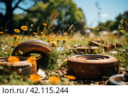 Old rusty tires are dumped among the grass. ,Generative AI. Стоковое AI-изображение, AI-художник Анна Кривицкая / Фотобанк Лори