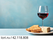 Matzah, red wine, kosher Jewish bread. Pesach holiday. Passover food Generative AI. Стоковое AI-изображение, AI-художник Светлана Лажко / Фотобанк Лори