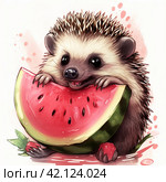 A drawing of a cute hedgehog eating a slice of watermelon,Generative AI. Стоковое AI-изображение, AI-художник Анна Кривицкая / Фотобанк Лори