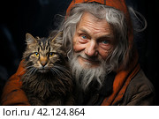 Old homeless man with a cat,Generative AI. Стоковое AI-изображение, AI-художник Анна Кривицкая / Фотобанк Лори
