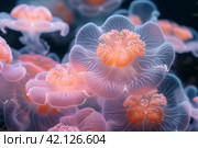 Incredibly superb colorful polyps at the bottom of the sea. Стоковое AI-изображение, AI-художник Алексей Кузнецов / Фотобанк Лори