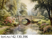 Old medieval park in English style with a bridge, watercolor,Generative AI. Стоковое AI-изображение, AI-художник Анна Кривицкая / Фотобанк Лори