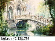 Old medieval park in English style with a bridge, watercolor,Generative AI. Стоковое AI-изображение, AI-художник Анна Кривицкая / Фотобанк Лори