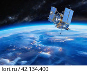 Night view of the Earth from a satellite. Space. Planet in the universe. Стоковое AI-изображение, AI-художник Сергей Елизарьев / Фотобанк Лори