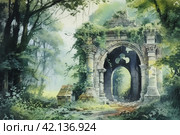 Old medieval park in English style with a bridge, watercolor,Generative AI. Стоковое AI-изображение, AI-художник Анна Кривицкая / Фотобанк Лори