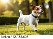 Funny Small Jack Russell terrier doggy walking on grass lawn on park, looking away. Playful little Jack Russell terrier dog playing posing in nature, outdoors. Pet love concept. Copy ad text space. Стоковое AI-изображение, AI-художник Aleksandr Golubev / Фотобанк Лори