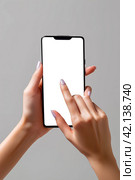 Женщина держит смартфон, крупным планом руки. Смартфон с белым пустым экраном. Generative AI. Стоковое AI-изображение, AI-художник Щеголева Ольга / Фотобанк Лори