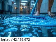 A person cleaning and mopping a wooden floor. Sweepier, cleaning service. Clean tools. Cleaner. Brooms symbol. Стоковое AI-изображение, AI-художник Ирина Михайличенко / Фотобанк Лори