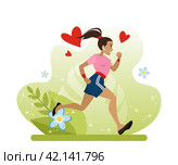 Девушка на пробежке летом. Бег на открытом воздухе - это здоровый образ жизни. Плоская векторная иллюстрация в мультяшном стиле. Стоковая иллюстрация, иллюстратор Юлия Мелешина / Фотобанк Лори