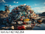 Garbage dump made of plastic bottles. Significant pile of domestic waste emphasizing the pressing environmental issue of overconsumption and subsequent waste generation. Стоковое AI-изображение, AI-художник Ирина Михайличенко / Фотобанк Лори