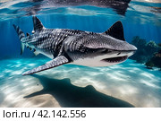 Whale shark (Rhincodon typus) mammal swimming in tropical underwaters. Shark in underwater wild animal world. Observation of wildlife ocean. Scuba diving adventure in Ecuador coast. Copy text space. Стоковое AI-изображение, AI-художник Aleksandr Golubev / Фотобанк Лори